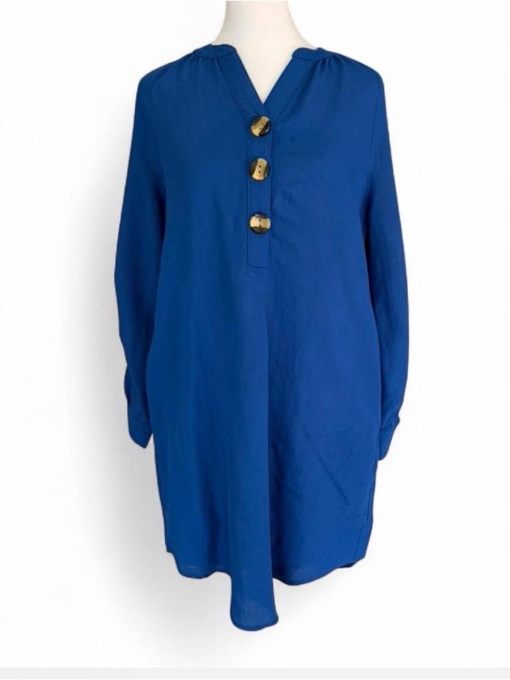 Soft Surroundings Royal Blue Long Sleeve  Button up Shirt Dress 100% Cotton